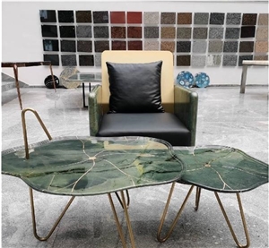 China Peacock Green Marble Polished Coffee Table Tops